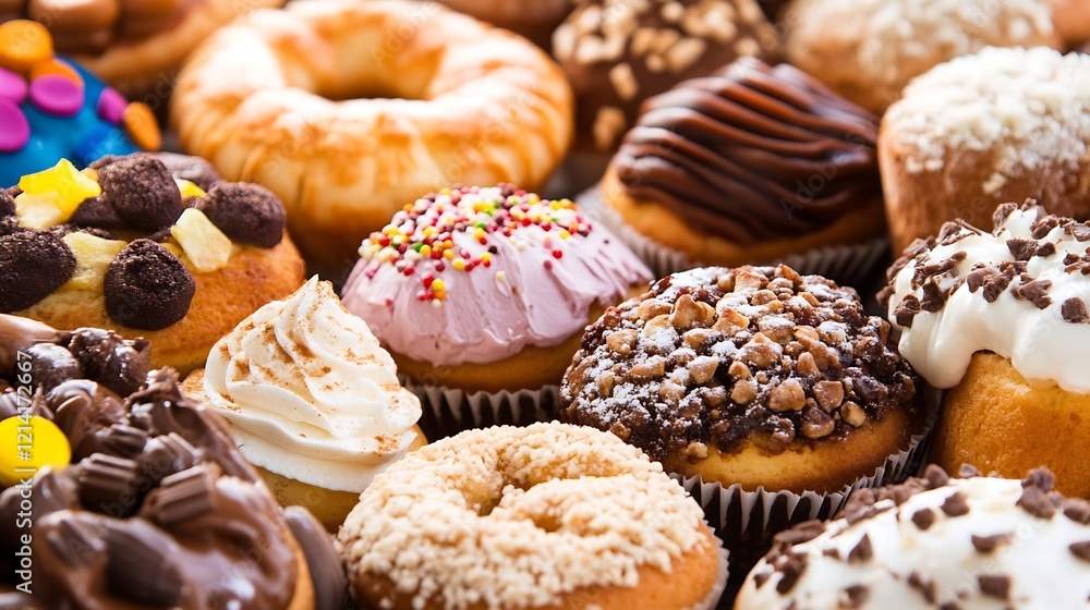 Poster assorted gourmet donuts with frosting and toppings in a variety of flavors : generative ai