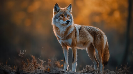 Fototapeta premium Elegant coyote standing in a forest setting during sunset