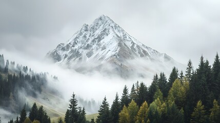 Obraz premium Majestic Snowy Mountain Peaks Shrouded in Misty Fog Amid Towering Evergreen Forest