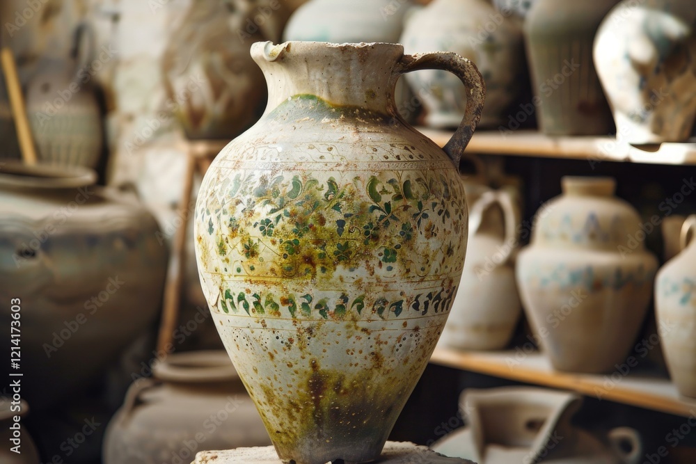 Poster old ceramic clay jug with handle showing floral pattern displayed on shelf in a workshop