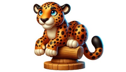 Cute cartoon leopard sitting on a log, with bright blue eyes against a light background
