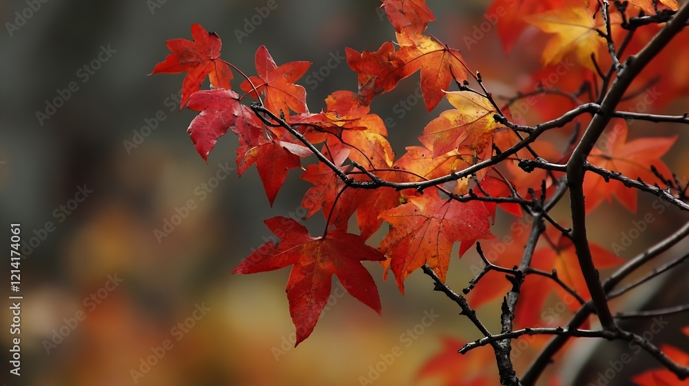 Aufkleber closeup of vibrant red maple leaves on branch with autumnal background : generative ai