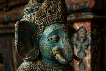 Obraz premium Intricately carved wooden statue of ganesha, the hindu god of wisdom and success, showcasing the beauty of indian craftsmanship