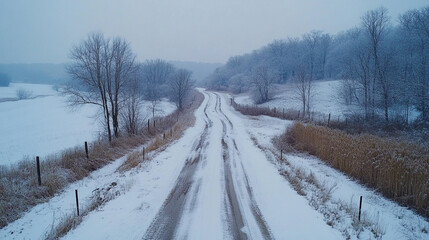 Snow-covered dirt road winding through a quiet winter landscape in a rural area