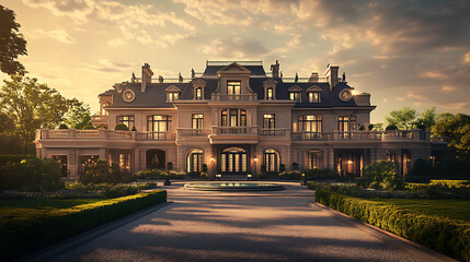 Naklejka premium luxurious mansion at sunset, highlighting its detailed stonework, elegant symmetry, and expansive front yard