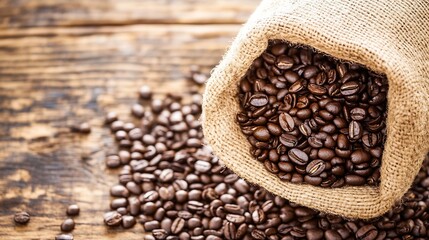 Rustic Sack of Fresh Roasted Coffee Beans Spilled on Wooden Table : Generative AI