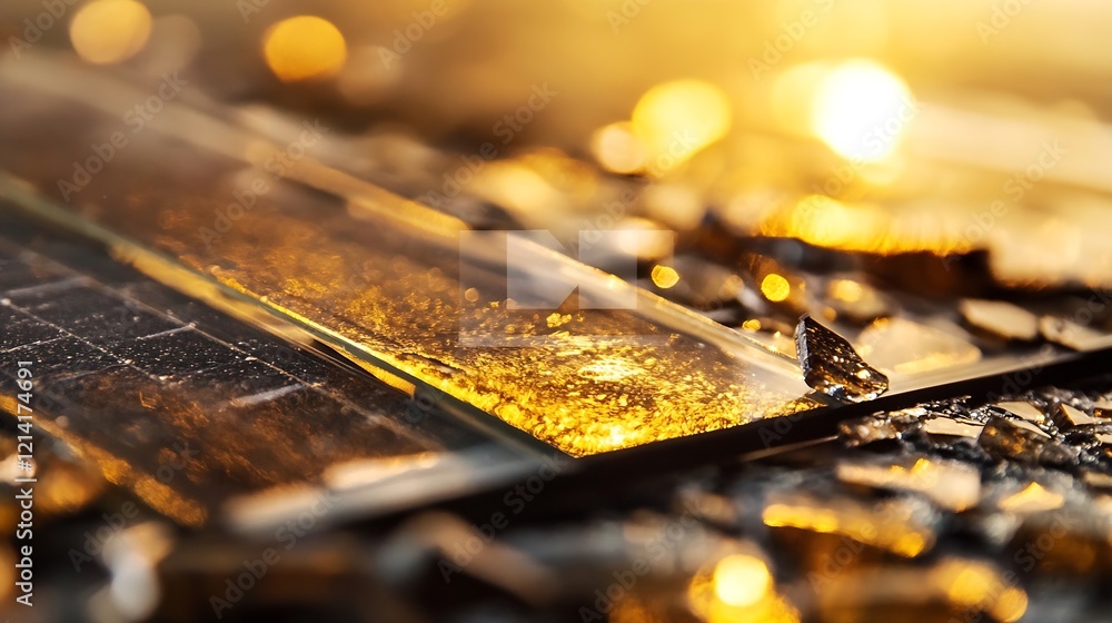 Poster sunlit glass fragments creating dramatic golden reflections on smooth surfaces : generative ai