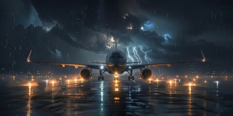 Airplane on Runway During Thunderstorm