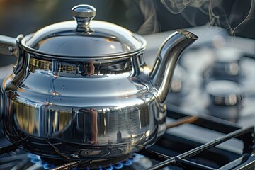 High Quality Image of Stainless Steel Kettle on a Gas Burner