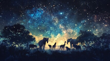 Night sky over silhouetted animals and trees.