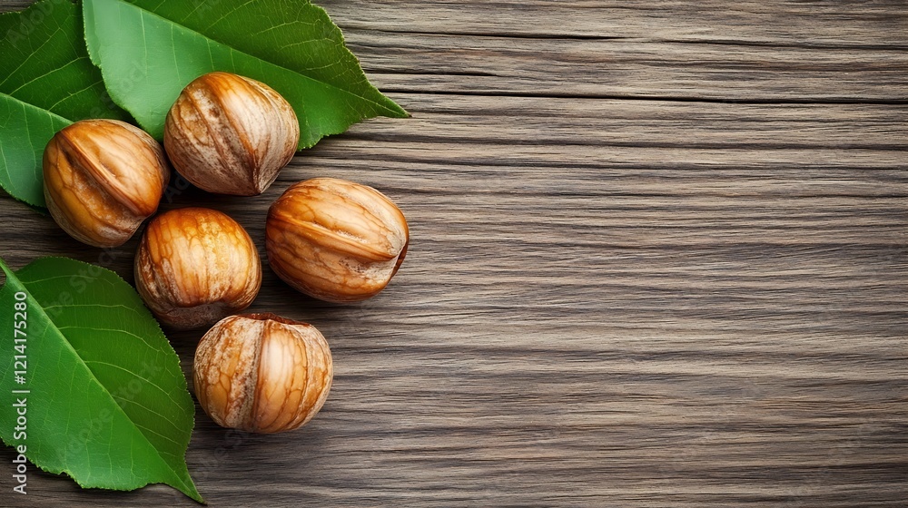 Poster hazelnuts with green leaves on rustic wooden background : generative ai