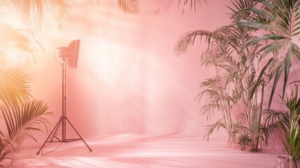 Pink studio backdrop with tropical plants and lighting.