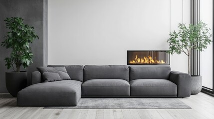 Grey corner sofa by glass fireplace. Minimalist home interior design of modern living room.