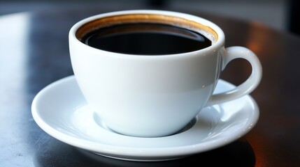 Fototapeta premium Elegant White Ceramic Coffee Cup Filled with Rich Dark Coffee on Modern Table : Generative AI