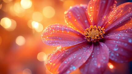 Obraz premium Beautiful pink flower with dewdrops glowing in soft light during early morning hours