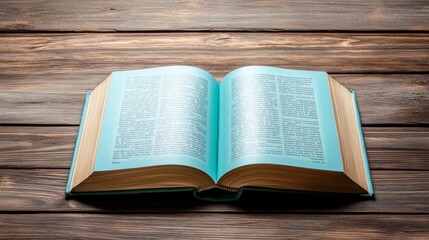 Obraz premium Open book resting on a wooden table showcasing pages filled with text and a soft blue cover, emphasizing a love for reading