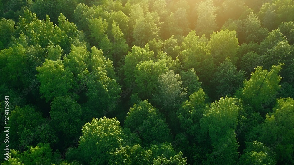 Poster lush green forest canopy aerial view with sunlight filtering through leaves : generative ai