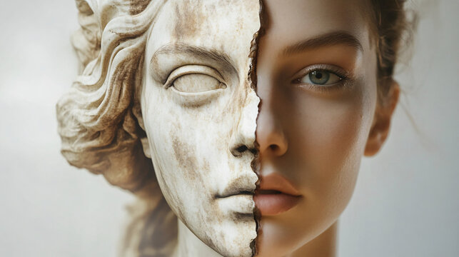 A young woman with one half of her face merging into a weathered classical marble statue with carved details and an empty stone eye socket  
