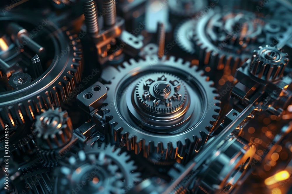 Poster close up view of a group of metallic gears working together, representing concepts such as industry,