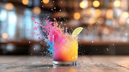 Rainbow cocktail splash, bar background, vibrant drink