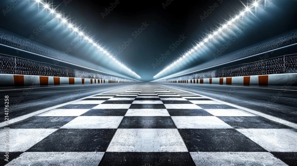 Poster checkered racing track illuminated by intense lights in a nighttime setting