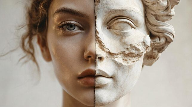 A woman's face merges with a cracked and aged marble statue creating a surreal composition that contrasts human softness with sculpted stone  
