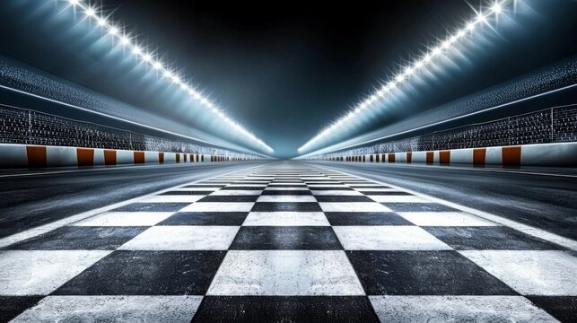 Checkered racing track illuminated by intense lights in a nighttime setting