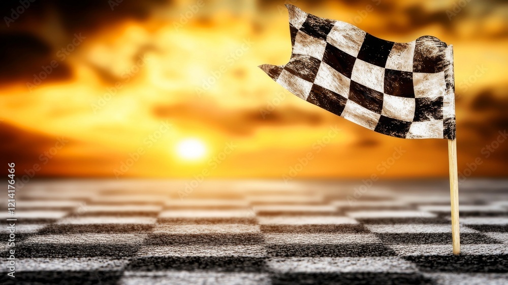 Poster checkered flag waving at sunset marking the finish line of a race track event