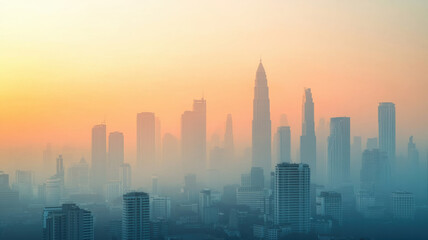 Fototapeta premium The PM 2.5 Pollution Crisis Themed, skyline of Bangkok shrouded in thick smog during sunrise, creating moody atmosphere
