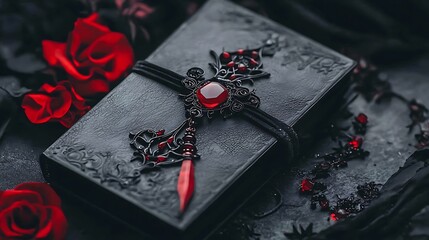 Gothic diary with red gemstone, roses, dark background; occult, fantasy, mystery theme; for websites, blogs, and book covers