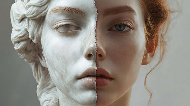Frontal view of a young woman with one side of her face seamlessly transforming into an aged classical marble statue with delicate carved details  
