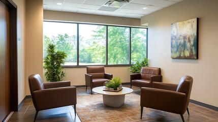 Modern Office Waiting Area with Comfortable Leather Chairs and Large Window Views : Generative AI