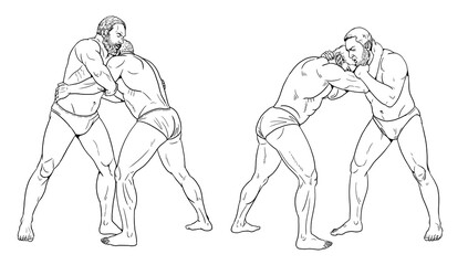 Drawing with ancient wrestlers. Athletes at the Olympic Games. Strong men in single combat.