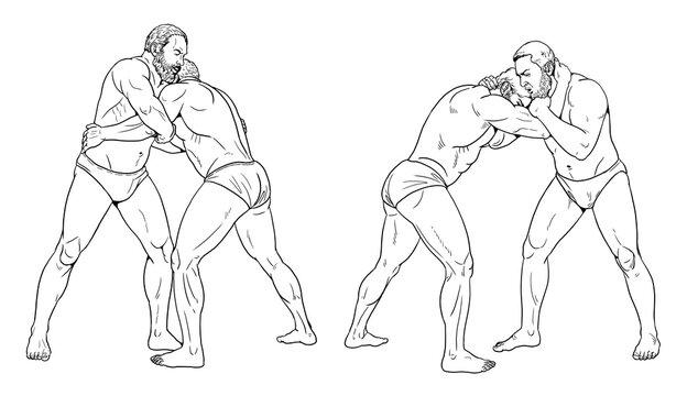 Drawing with ancient wrestlers. Athletes at the Olympic Games. Strong men in single combat.
