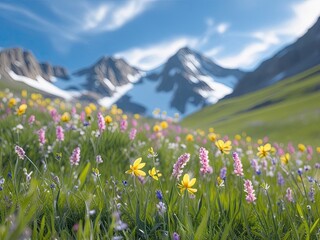 Obraz premium A vibrant field of wildflowers in the foreground, with pink, purple, and yellow blooms, set against a majestic mountain backdrop under a clear blue sky, capturing the beauty of nature in full bloom.
