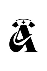 Letter A with nurse hat symbol design, Creative graphic of the letter A wearing a nurse hat with a medical cross, symbolizing healthcare, nursing, and medical assistance.

