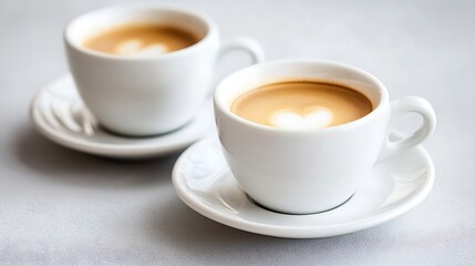 Obraz premium Two White Ceramic Cups of Cappuccino with HeartShaped Milk Foam on Minimalist Table : Generative AI
