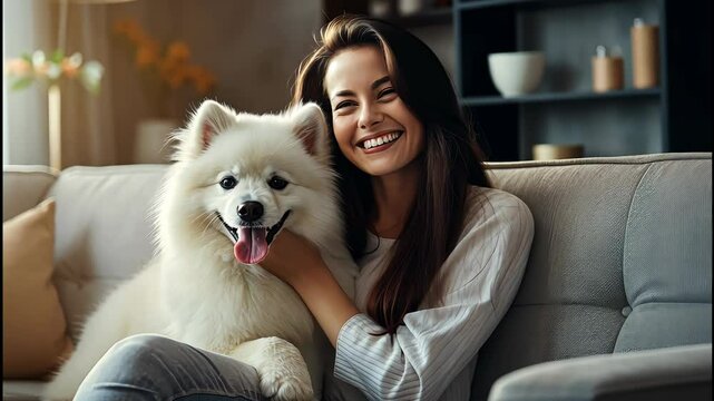 A joyful afternoon with a fluffy companion in a cozy living room