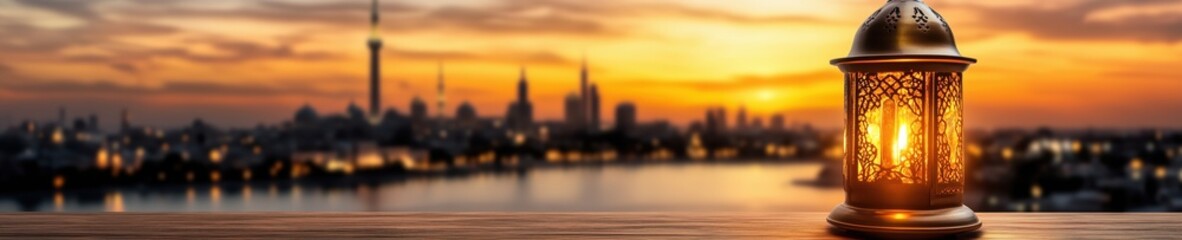 Celebrating Ramadan at sunset with a lantern illuminating the evening sky in a vibrant cityscape