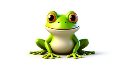 Friendly cartoon frog with large eyes, sitting calmly against a white background