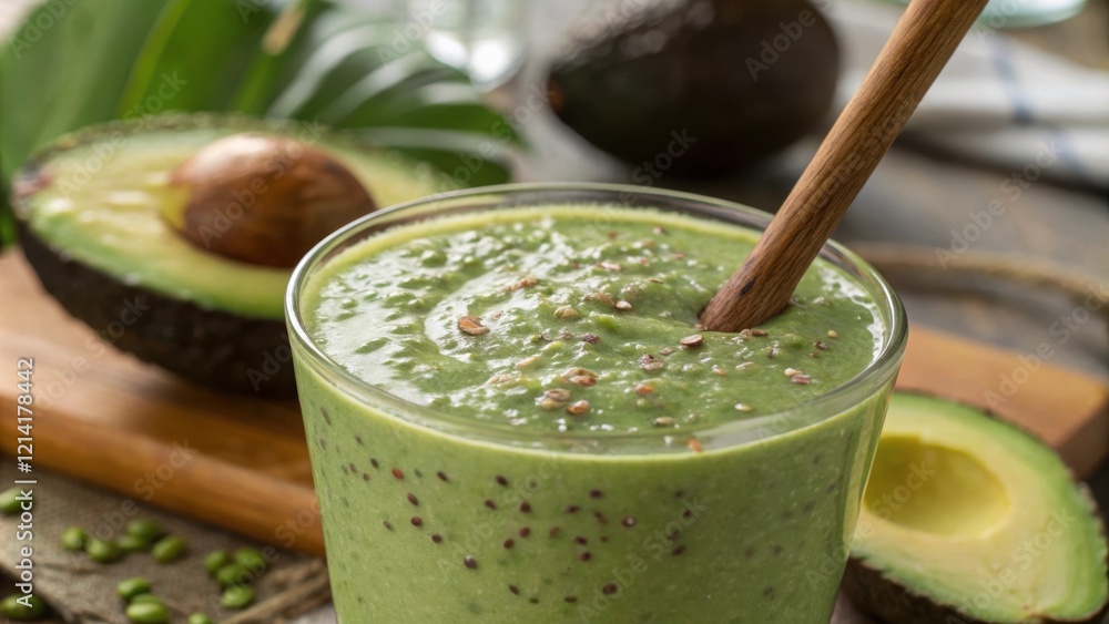 Poster a closeup of a richly textured avocado smoothie with a tiny wooden s plunged into it. the surface is