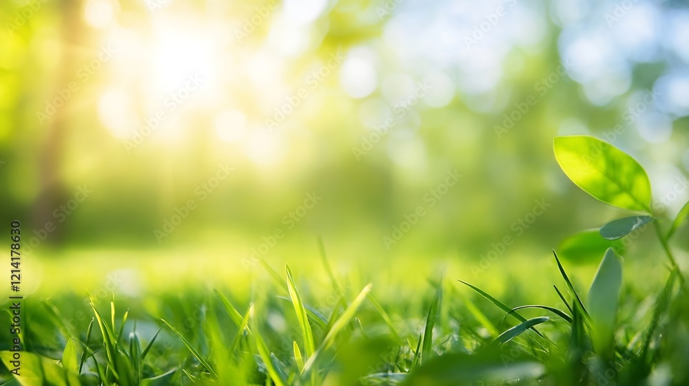 Poster sunlit green grass and fresh leaves in tranquil forest setting during spring : generative ai