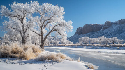 Winter landscape with frozen river and frosted trees in clear blue sky