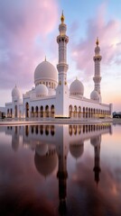 Obraz premium Grand mosque at sunset during Ramadan with reflections in water