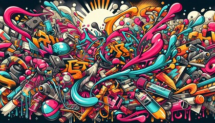 Fototapeta premium Vibrant Graffiti Art Explosion: A dynamic and colorful explosion of graffiti art, showcasing a whirlwind of vibrant colors, bold shapes, and intricate details.