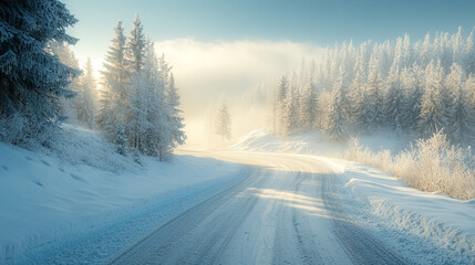 Fototapeta premium Winter landscape with fog and snow-covered road surrounded by evergreen trees