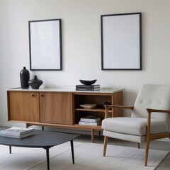 2 Wandposter-Mockup im Wohnzimmer. Innenraum-Mockup mit Haus-Hintergrund. Modernes Innendesign. 3D-Render.