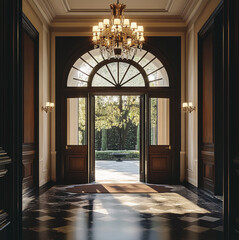 Fototapeta premium Grand Entrance home, looking into the entrance from outside of open Front Door, photography, interior design style, chandelier feature light, dramatic lighting, luxury