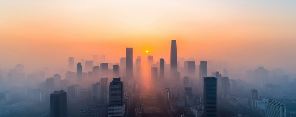The PM 2.5 Pollution Crisis Themed, Aerial view of city skyline at sunrise with hazy atmosphere