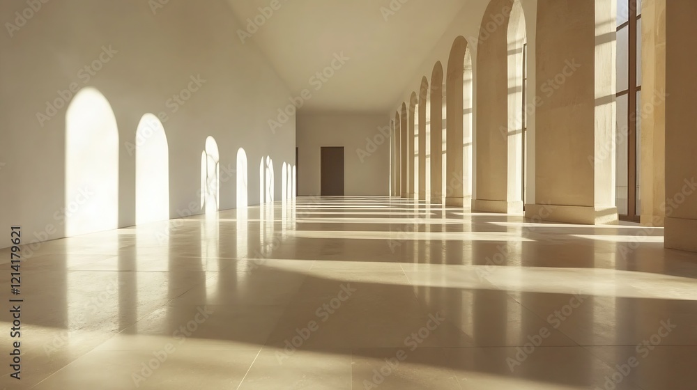 Aufkleber Sunlit Corridor with Arched Windows Casting Shadows : Generative AI